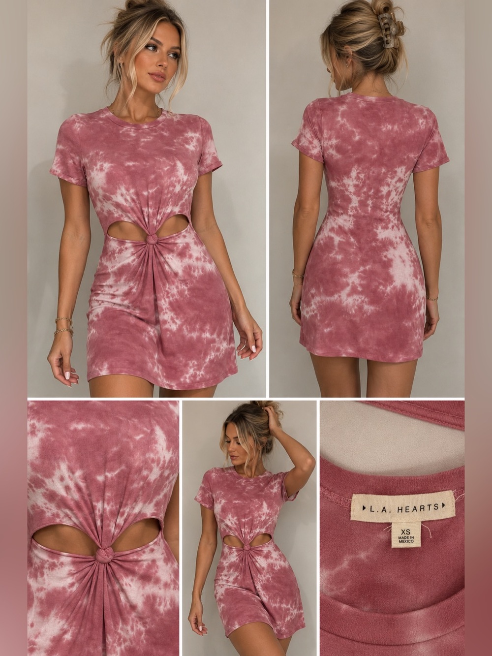 La Hearts Rose Pink Tie-Dye Knot Front Mini Dress